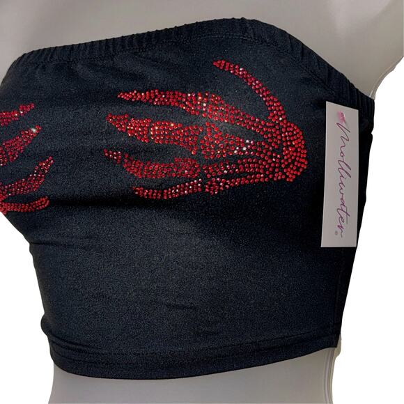 Molliwater Tops - New‎ Small Black Rhinestone Skeleton Strapless Crop Top Red Goth Tank Y2k 90s